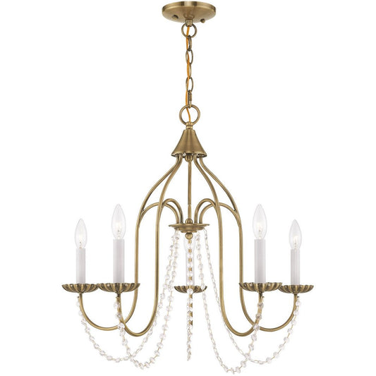 Antiqued Brass Five Light Metal Dimmable Chandelier With Shades HomeRoots