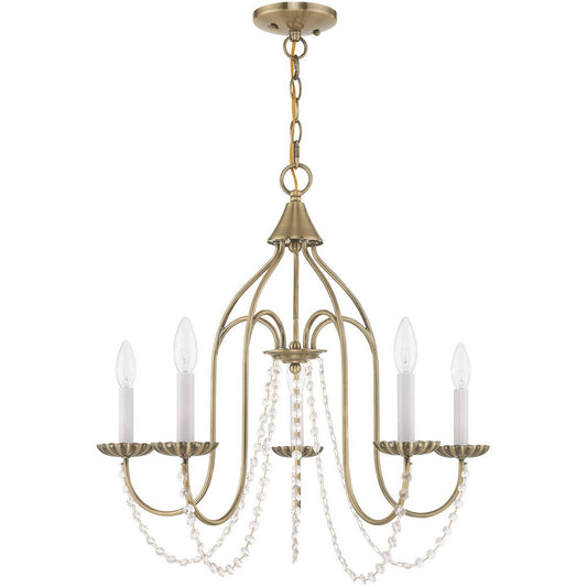 Antiqued Brass Five Light Metal Dimmable Chandelier With Shades HomeRoots