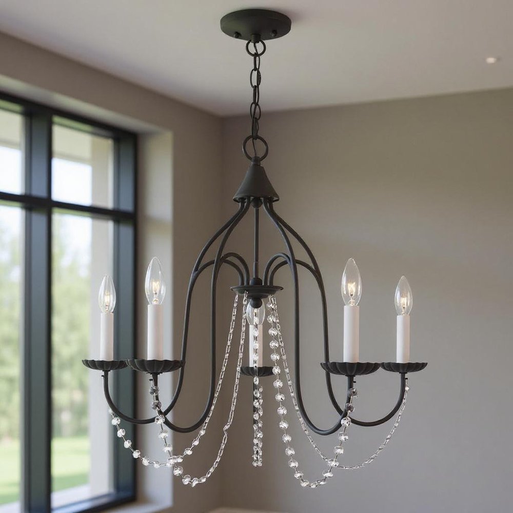 Black Five Light Metal Dimmable Chandelier With Shades HomeRoots