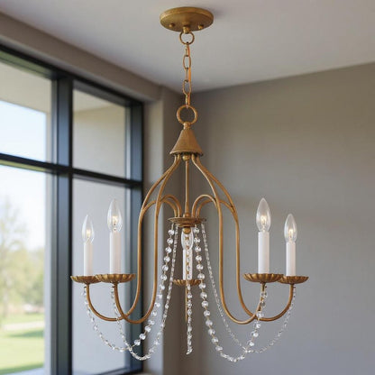 Antiqued Gold Five Light Metal Dimmable Chandelier With Shades HomeRoots