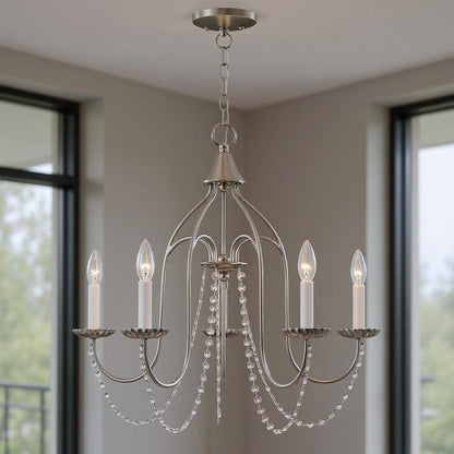 Nickel Five Light Metal Dimmable Chandelier With Shades HomeRoots