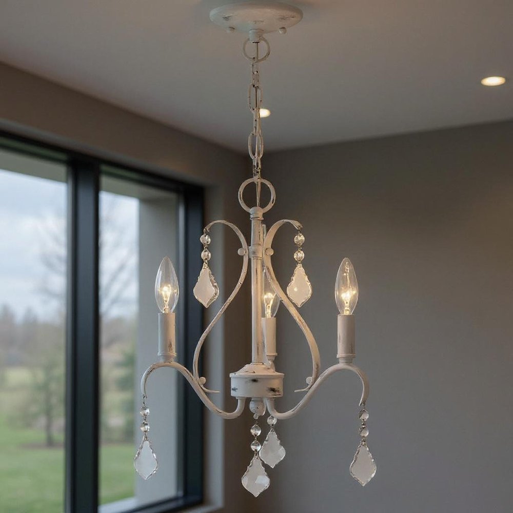 White Three Light Metal Dimmable Chandelier With Shades HomeRoots