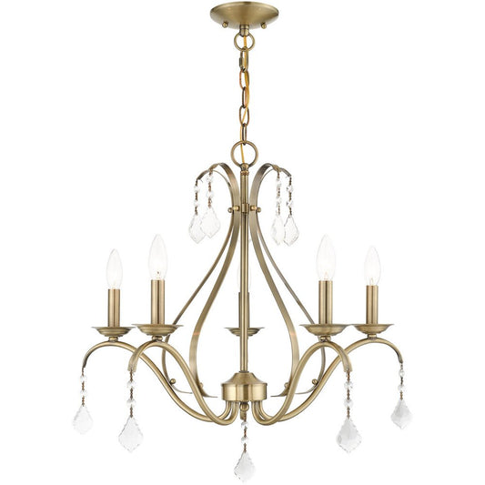Antiqued Brass Five Light Metal Dimmable Chandelier With Shades HomeRoots