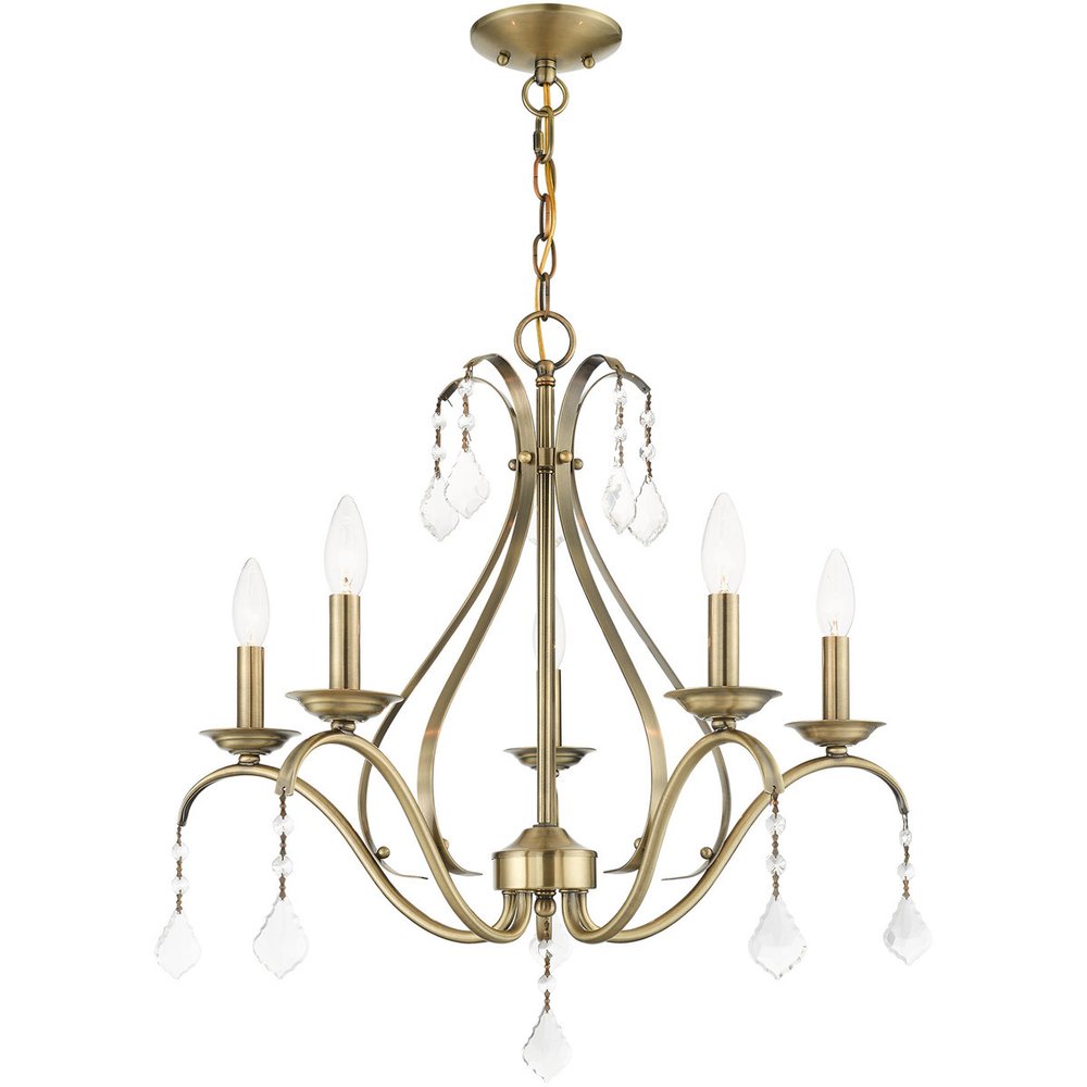 Antiqued Brass Five Light Metal Dimmable Chandelier With Shades HomeRoots