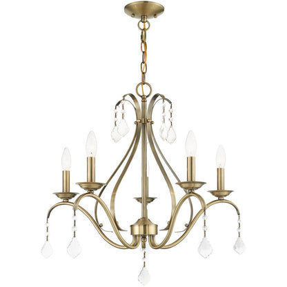 Antiqued Brass Five Light Metal Dimmable Chandelier With Shades HomeRoots