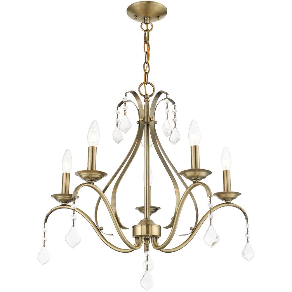Antiqued Brass Five Light Metal Dimmable Chandelier With Shades HomeRoots