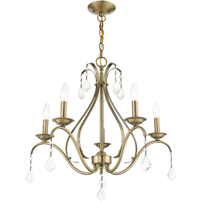 Antiqued Brass Five Light Metal Dimmable Chandelier With Shades HomeRoots