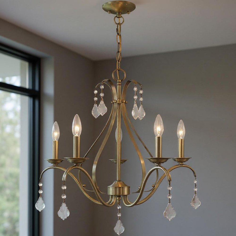 Antiqued Brass Five Light Metal Dimmable Chandelier With Shades HomeRoots
