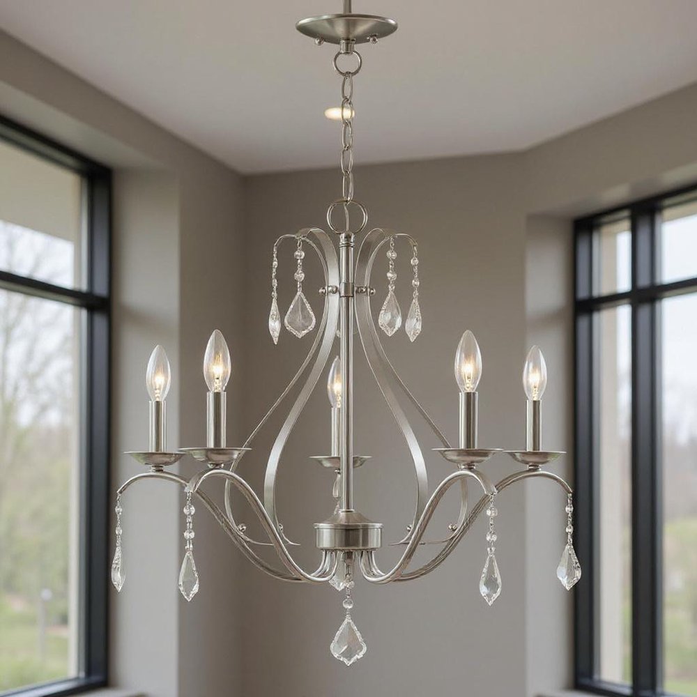 Nickel Five Light Metal Dimmable Chandelier With Shades HomeRoots