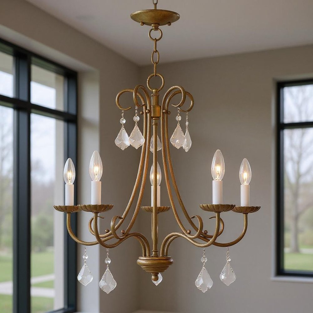 Antiqued Gold Five Light Metal Dimmable Chandelier With Shades HomeRoots
