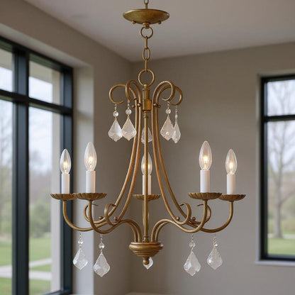 Antiqued Gold Five Light Metal Dimmable Chandelier With Shades HomeRoots