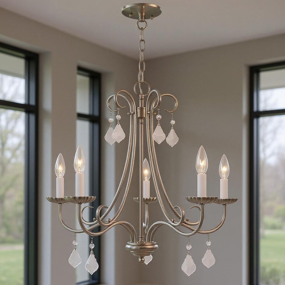 Nickel Five Light Metal Dimmable Chandelier With Shades HomeRoots