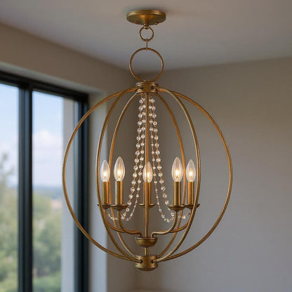Antiqued Gold Five Light Metal Dimmable Chandelier With Shades HomeRoots