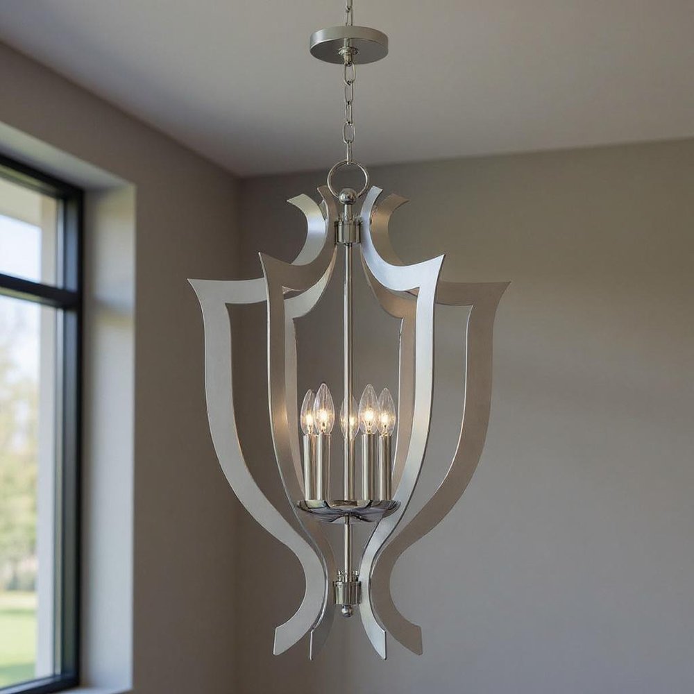 Silver Five Light Metal Dimmable Chandelier With Shades HomeRoots