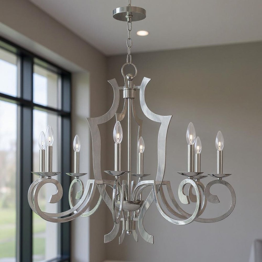 Silver Eight Light Metal Dimmable Chandelier With Shades HomeRoots