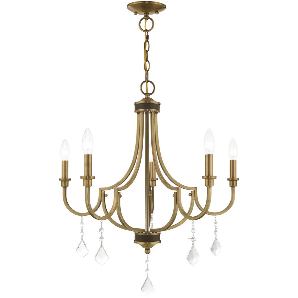 Antiqued Brass Five Light Metal Dimmable Chandelier With Shades HomeRoots