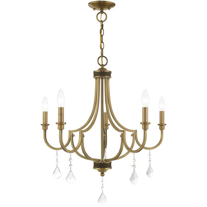Antiqued Brass Five Light Metal Dimmable Chandelier With Shades HomeRoots