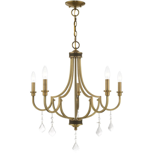 Antiqued Brass Five Light Metal Dimmable Chandelier With Shades HomeRoots