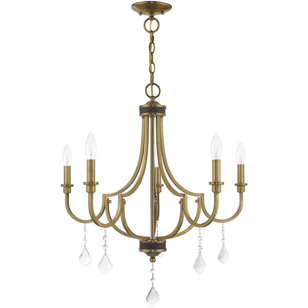 Antiqued Brass Five Light Metal Dimmable Chandelier With Shades HomeRoots