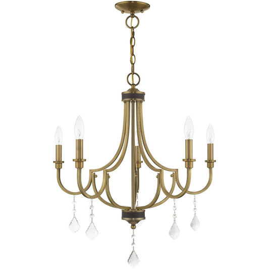 Antiqued Brass Five Light Metal Dimmable Chandelier With Shades HomeRoots
