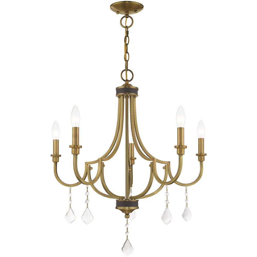 Antiqued Brass Five Light Metal Dimmable Chandelier With Shades HomeRoots