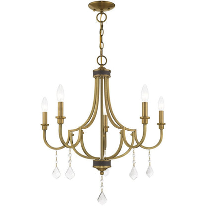 Antiqued Brass Five Light Metal Dimmable Chandelier With Shades HomeRoots