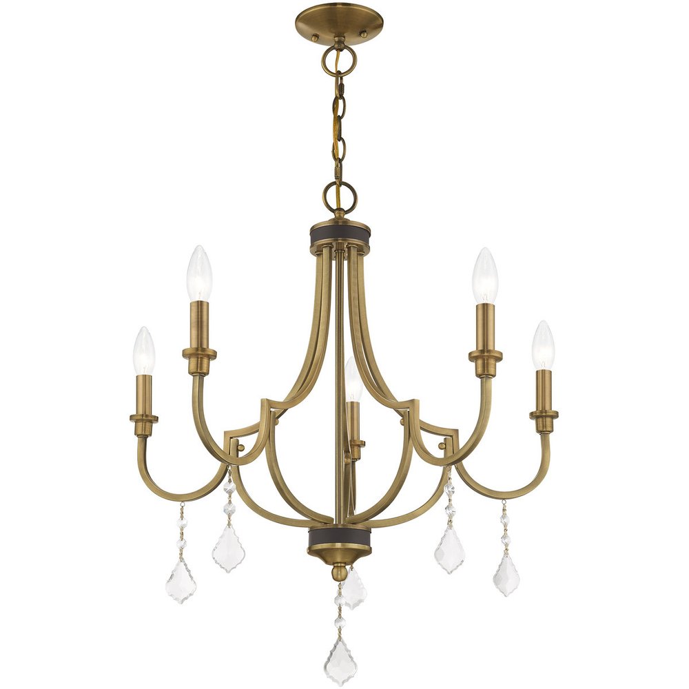 Antiqued Brass Five Light Metal Dimmable Chandelier With Shades HomeRoots