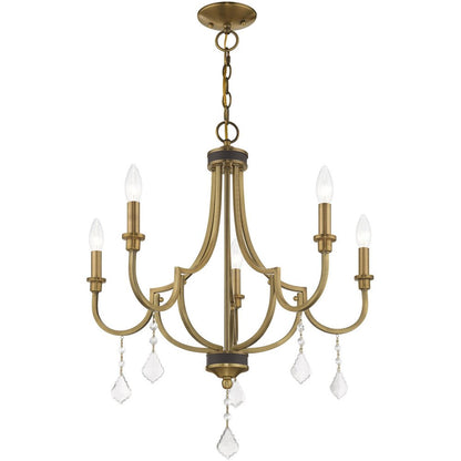 Antiqued Brass Five Light Metal Dimmable Chandelier With Shades HomeRoots