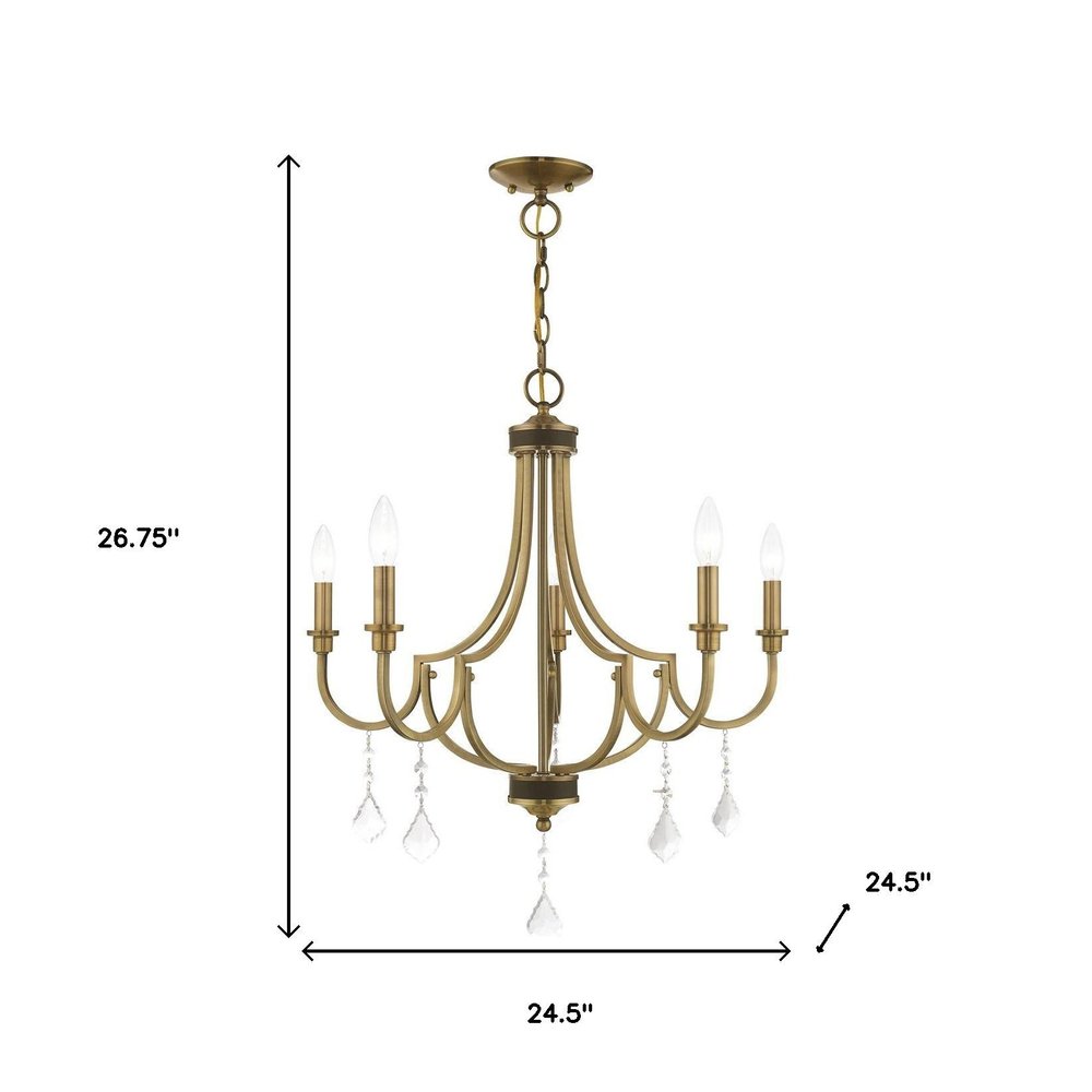 Antiqued Brass Five Light Metal Dimmable Chandelier With Shades HomeRoots