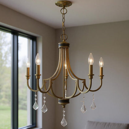 Antiqued Brass Five Light Metal Dimmable Chandelier With Shades HomeRoots