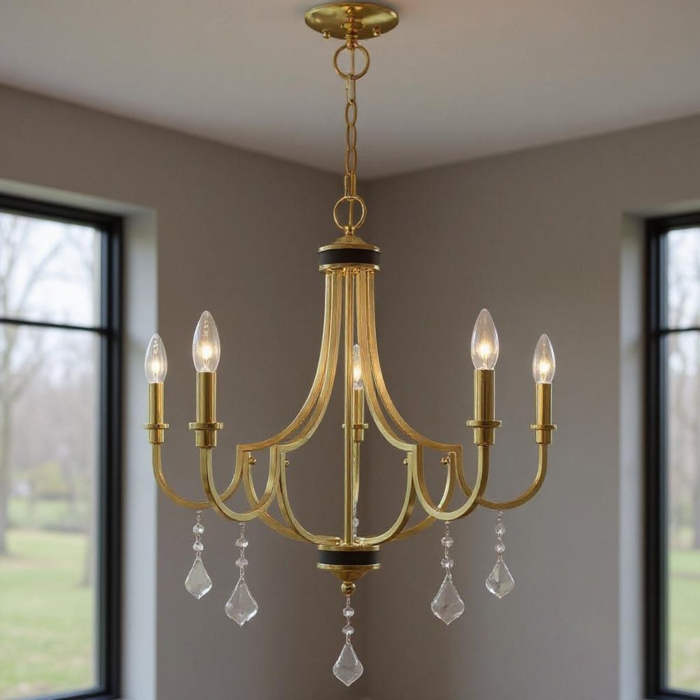 Brass Five Light Metal Dimmable Chandelier With Shades HomeRoots