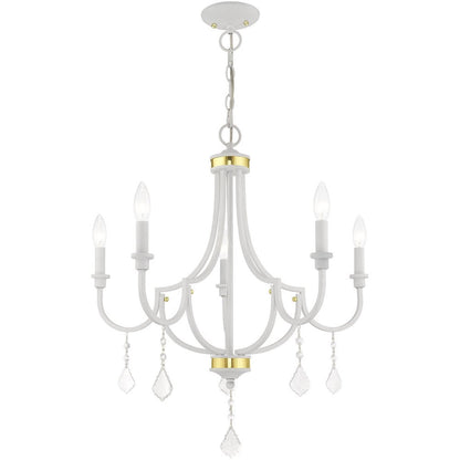 White Five Light Metal Dimmable Chandelier With Shades HomeRoots