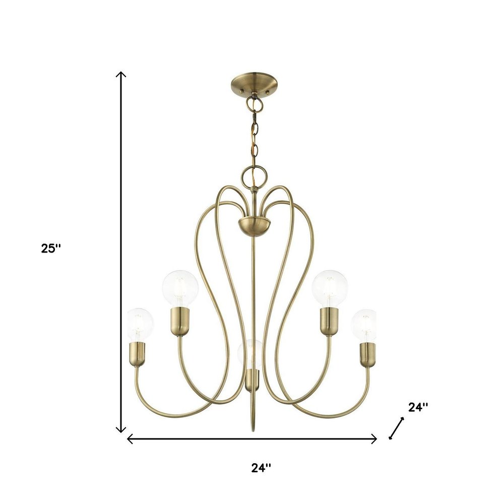 Antiqued Brass Five Light Metal Dimmable Chandelier With Shades HomeRoots