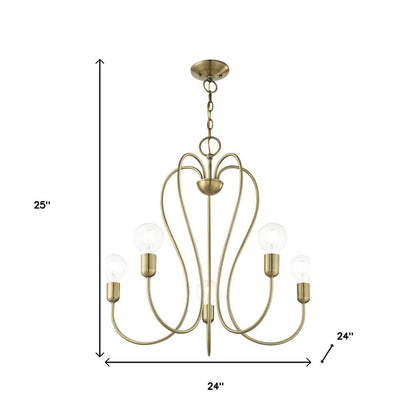 Antiqued Brass Five Light Metal Dimmable Chandelier With Shades HomeRoots