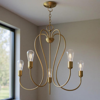 Antiqued Brass Five Light Metal Dimmable Chandelier With Shades HomeRoots