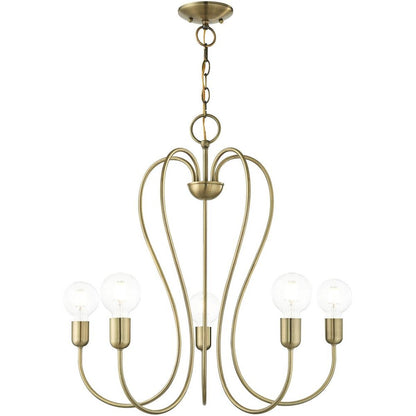 Antiqued Brass Five Light Metal Dimmable Chandelier With Shades HomeRoots