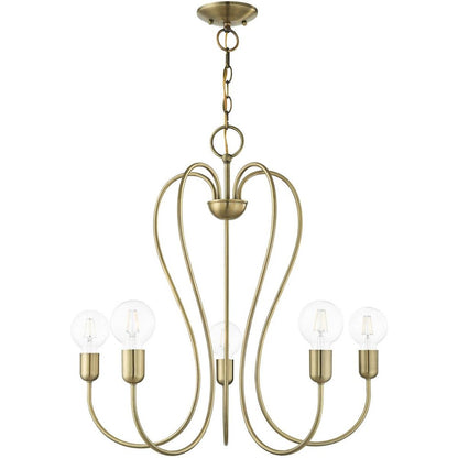 Antiqued Brass Five Light Metal Dimmable Chandelier With Shades HomeRoots
