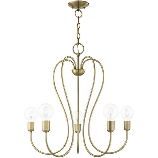 Antiqued Brass Five Light Metal Dimmable Chandelier With Shades HomeRoots