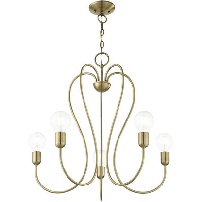 Antiqued Brass Five Light Metal Dimmable Chandelier With Shades HomeRoots