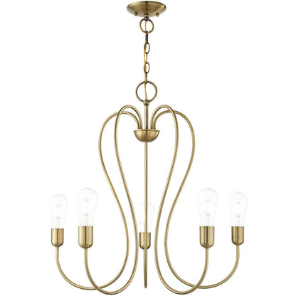 Antiqued Brass Five Light Metal Dimmable Chandelier With Shades HomeRoots