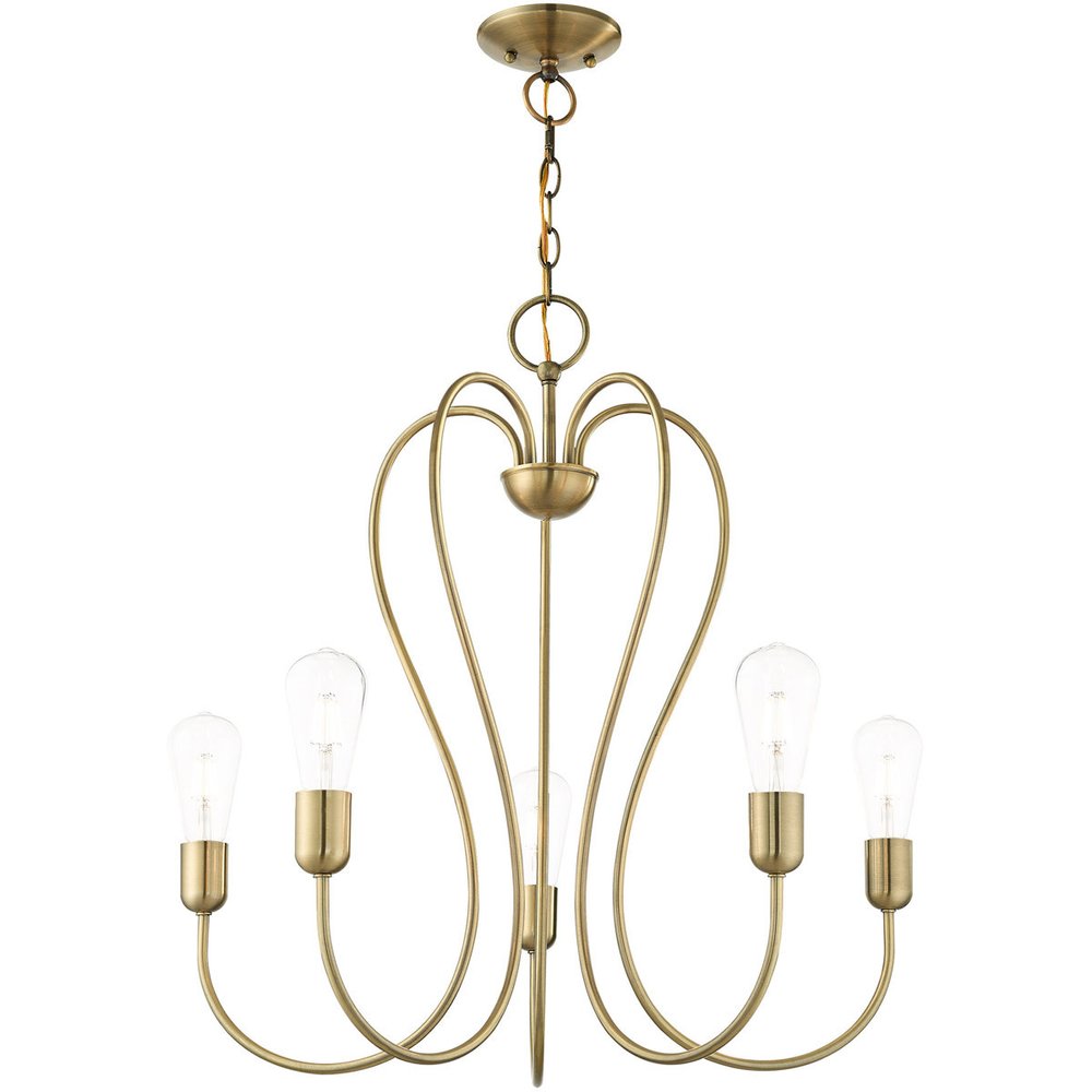 Antiqued Brass Five Light Metal Dimmable Chandelier With Shades HomeRoots