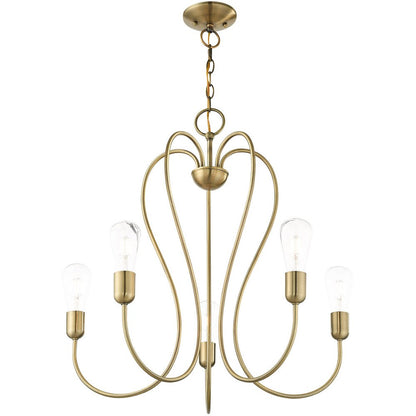 Antiqued Brass Five Light Metal Dimmable Chandelier With Shades HomeRoots