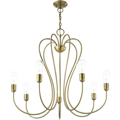 Antiqued Brass Seven Light Metal Dimmable Chandelier With Shades HomeRoots