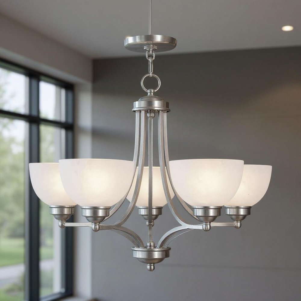 Nickel Five Light Metal Dimmable Chandelier With Shades HomeRoots