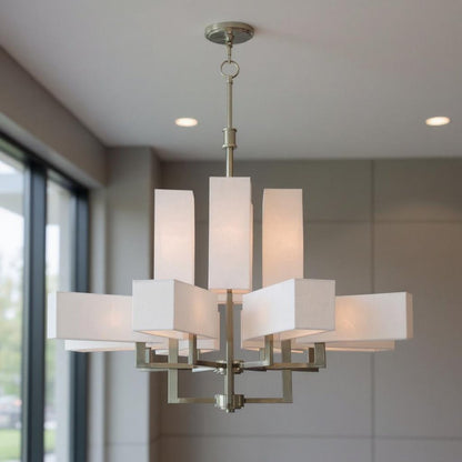 Nickel Twelve Light Metal Dimmable Chandelier With Shades HomeRoots