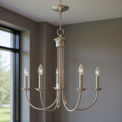 Nickel Five Light Metal Dimmable Chandelier With Shades HomeRoots