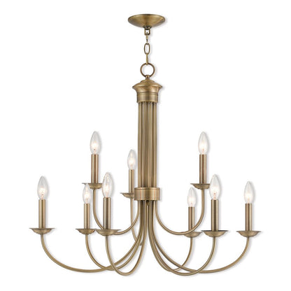 Antiqued Brass Nine Light Metal Dimmable Chandelier With Shades HomeRoots
