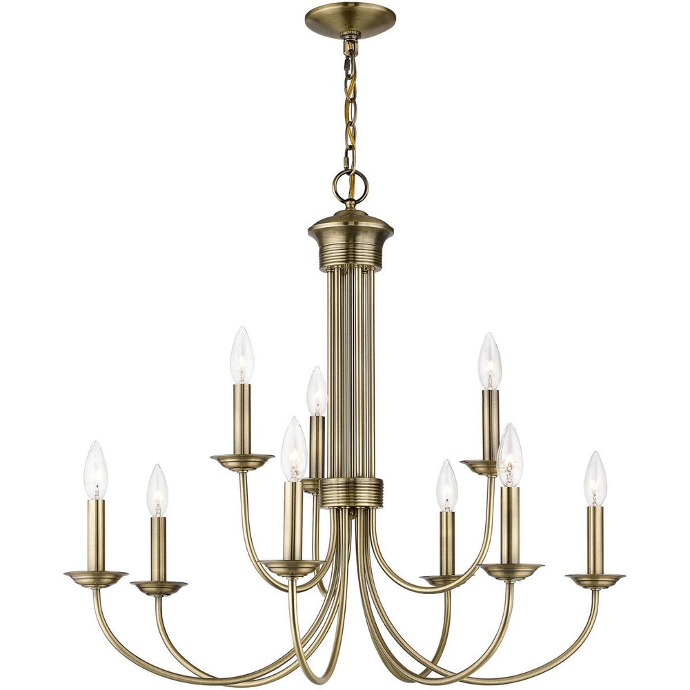 Antiqued Brass Nine Light Metal Dimmable Chandelier With Shades HomeRoots
