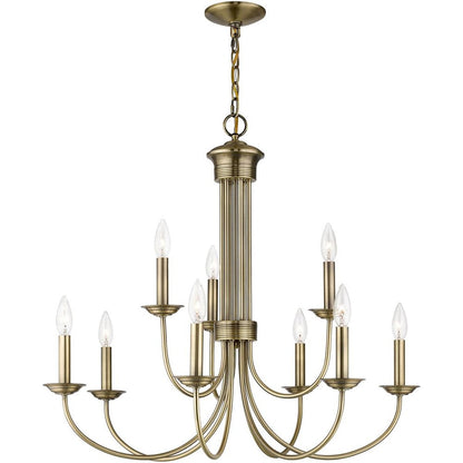 Antiqued Brass Nine Light Metal Dimmable Chandelier With Shades HomeRoots