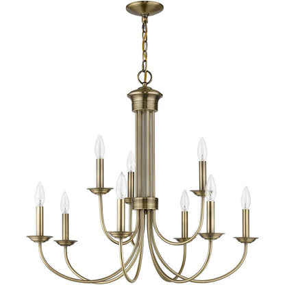 Antiqued Brass Nine Light Metal Dimmable Chandelier With Shades HomeRoots